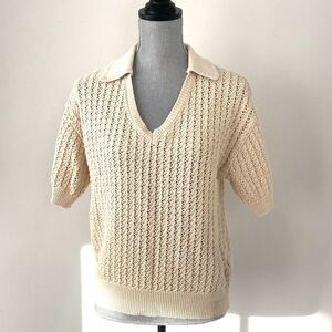 Elie Tahari Cream Knit Collared Sweater Crochet Sz M Dainty Preppy Chic Cottage